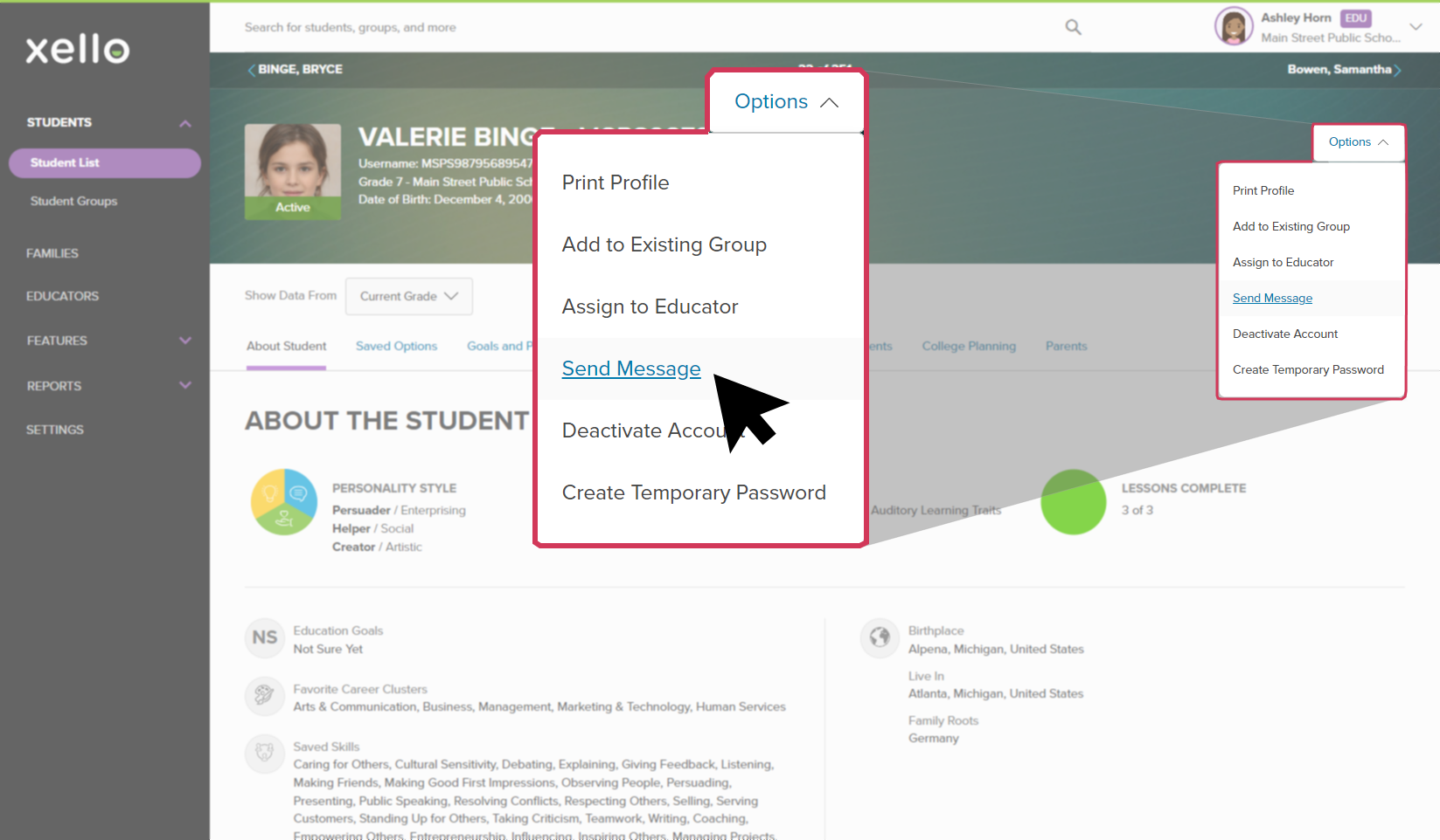 Student profile open in a Xello educator account. The Options menu is open with Send Message highlighted